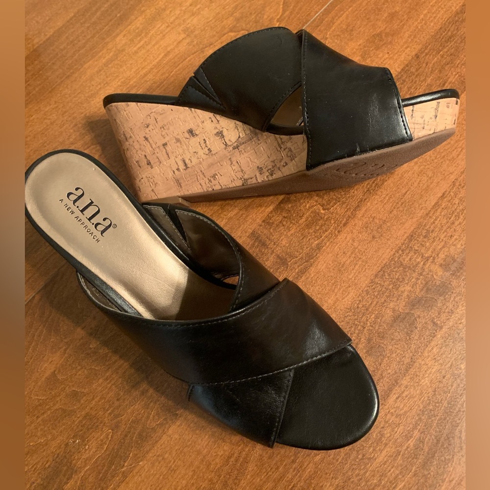 a.n.a Black Leather Cork Wedge Sandals
